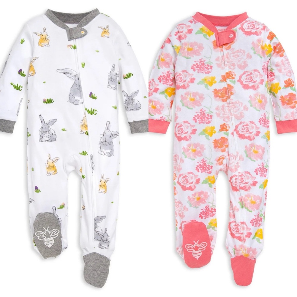 Burt’s Bee’s Organic Cotton Newborn Pink Floral&Yellow Bunny Set of 2 Onsies